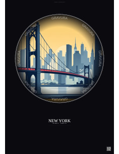 Affiche New York – Poster illustration vintage – Brooklyn Bridge | Gravura – Fond foncé