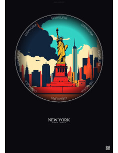 Affiche New York – Poster illustration vintage – Statue Of Liberty | Gravura – Fond foncé