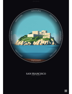 Affiche San Francisco – Poster illustration vintage – Alcatraz Island | Gravura – Fond foncé