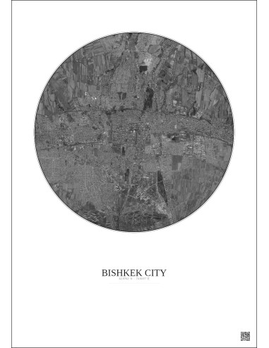 Affiche Bishkek City – Poster vue satellite 10km N&B | Gravura – Fond clair
