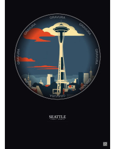 Seattle Vintage Travel Poster – Space Needle | Gravura – Dark background