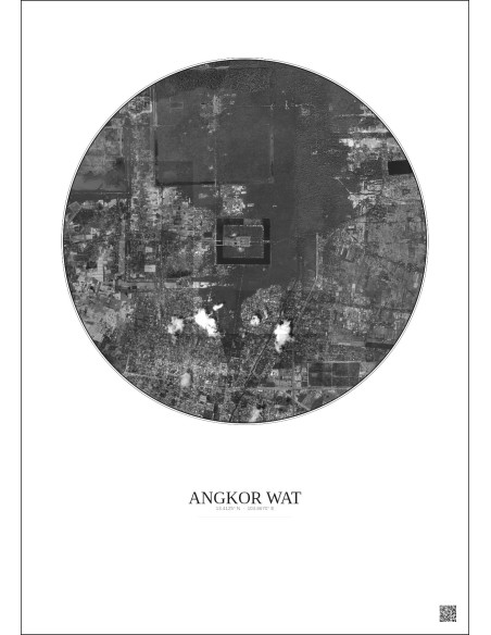 Angkor Wat Satellite View Poster 5km B&W | Gravura – Light background