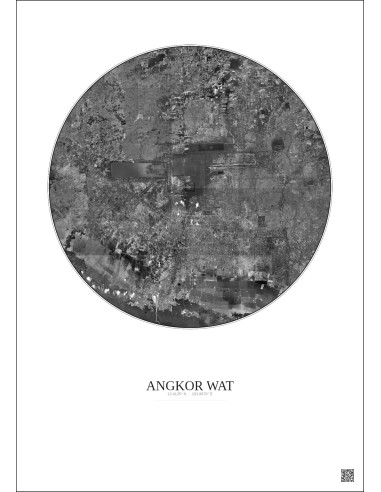 Angkor Wat Satellite View Poster 20km B&W | Gravura – Light background