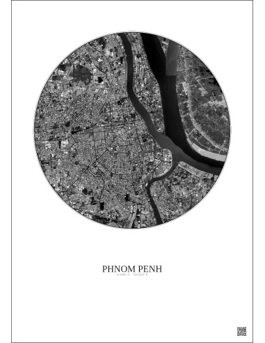 Phnom Penh Satellite View Poster 6km B&W | Gravura – Light background