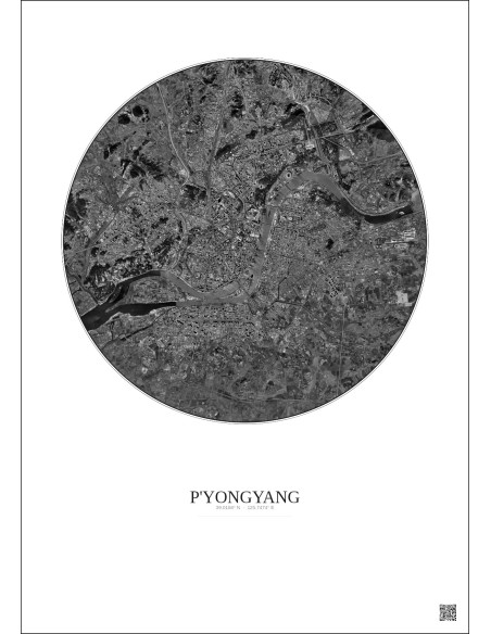 Affiche P Yongyang – Poster vue satellite 10km N&B | Gravura – Fond clair