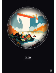 Affiche Ha Noi – Poster illustration vintage – Famous Viewpoint Of Ha Noi | Gravura – Fond foncé