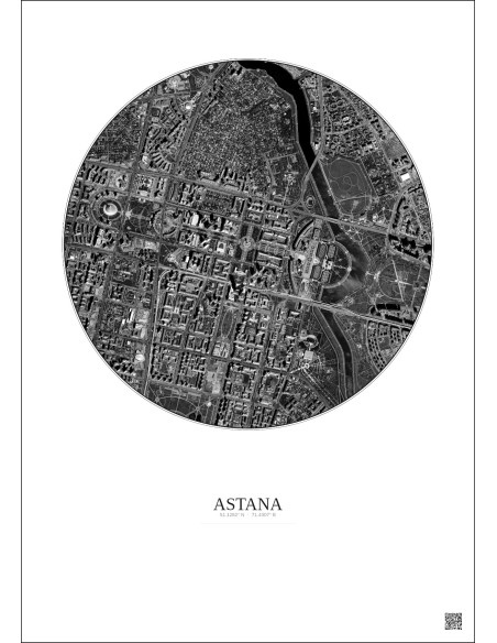 Affiche Astana – Poster vue satellite 2.5km N&B | Gravura – Fond clair