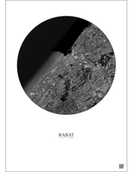 Rabat Satellite View Poster 6km B&W | Gravura – Light background