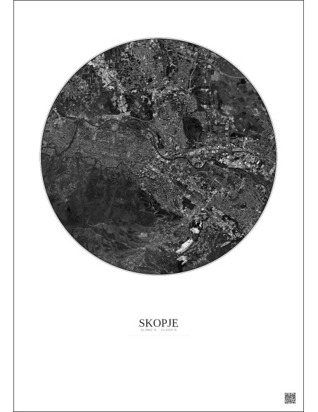 Skopje Satellite View Poster 6km B&W | Gravura – Light background