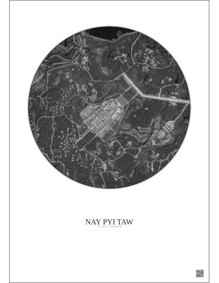 Affiche Nay Pyi Taw – Poster vue satellite 2.5km N&B | Gravura – Fond clair