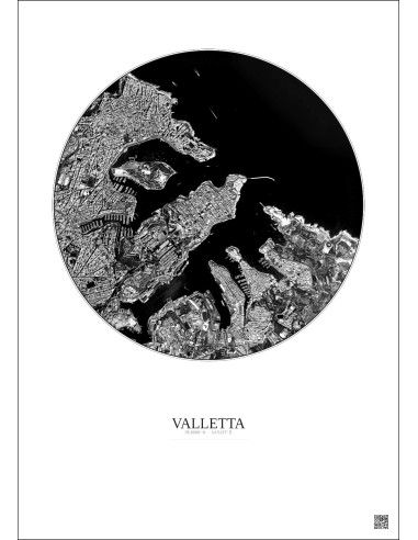 Affiche Valletta – Poster vue satellite 2.5km N&B | Gravura – Fond clair