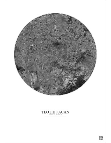 Teotihuacan Satellite View Poster 30km B&W | Gravura – Light background