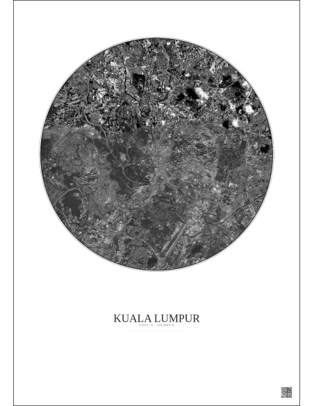 Affiche Kuala Lumpur – Poster vue satellite 6km N&B | Gravura – Fond clair