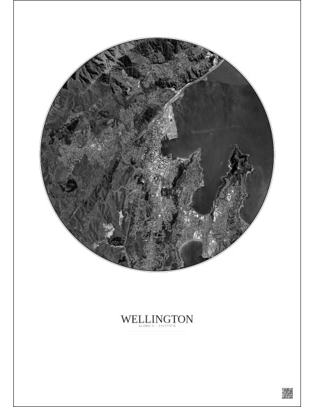 Affiche Wellington – Poster vue satellite 6km N&B | Gravura – Fond clair