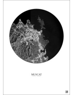 Affiche Muscat – Poster vue satellite 2.5km N&B | Gravura – Fond clair 2