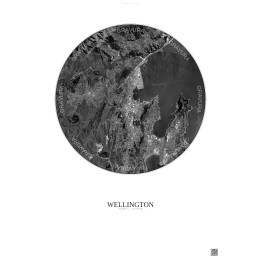 Affiche Wellington – Poster vue satellite 6km N&B | Gravura – Fond clair