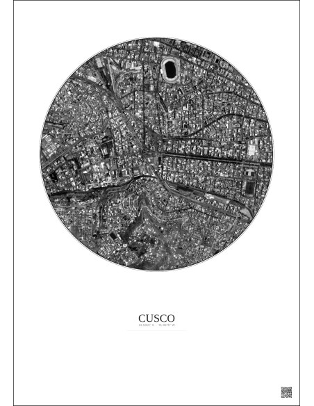 Affiche Cusco – Poster vue satellite 1km N&B | Gravura – Fond clair