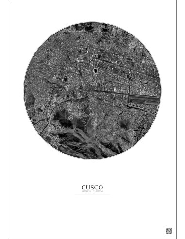 Affiche Cusco – Poster vue satellite 2.5km N&B | Gravura – Fond clair