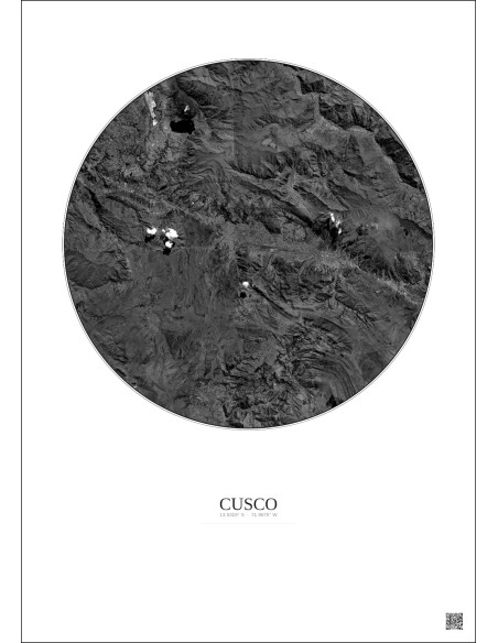 Cusco Satellite View Poster 20km B&W | Gravura – Light background