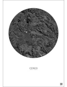 Affiche Cusco – Poster vue satellite 30km N&B | Gravura – Fond clair 2