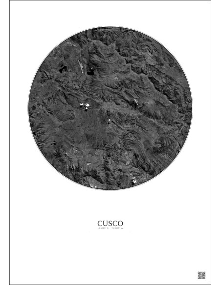 Cusco Satellite View Poster 30km B&W | Gravura – Light background