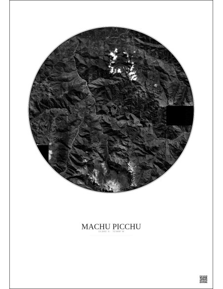 Machu Picchu Satellite View Poster 20km B&W | Gravura – Light background