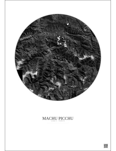 Machu Picchu Satellite View Poster 30km B&W | Gravura – Light background