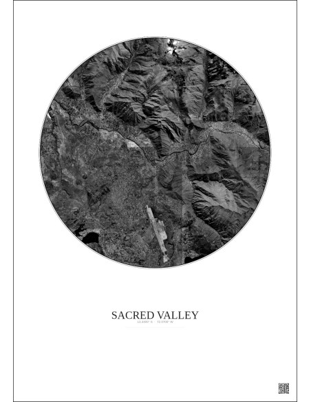 Sacred Valley Satellite View Poster 10km B&W | Gravura – Light background