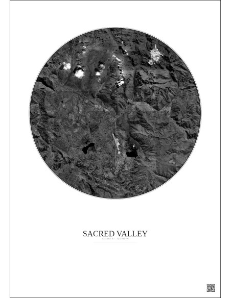 Sacred Valley Satellite View Poster 20km B&W | Gravura – Light background