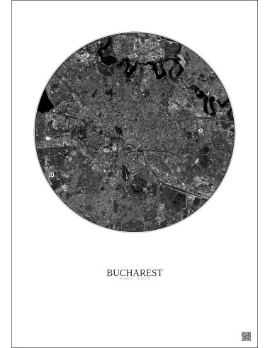 Affiche Bucharest – Poster vue satellite 6km N&B | Gravura – Fond clair