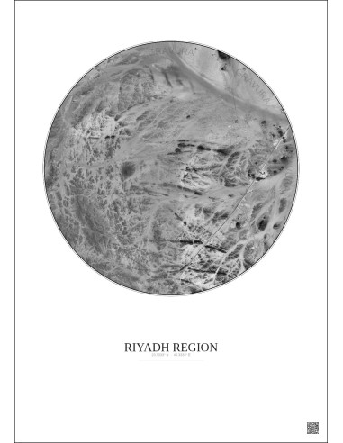 Affiche Riyadh Region – Poster vue satellite 10km N&B | Gravura – Fond clair