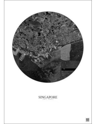 Affiche Singapore – Poster vue satellite 10km N&B | Gravura – Fond clair