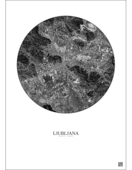 Affiche Ljubljana – Poster vue satellite 10km N&B | Gravura – Fond clair