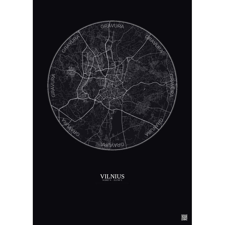 Affiche Vilnius – Poster carte de ville 10km | Gravura – Fond foncé