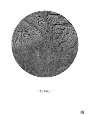 Dushanbe Satellite View Poster 10km B&W | Gravura – Light background