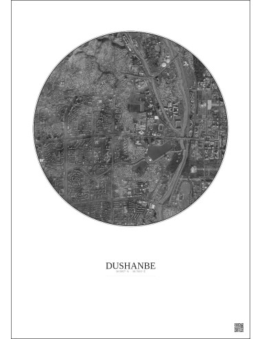 Affiche Dushanbe – Poster vue satellite 2.5km N&B | Gravura – Fond clair