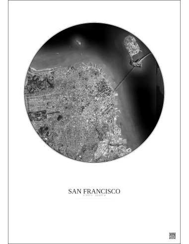 San Francisco Satellite View Poster 6km B&W | Gravura – Light background