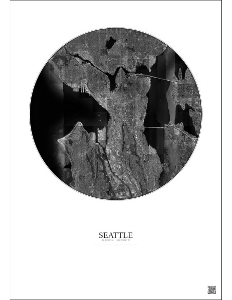 Seattle Satellite View Poster 10km B&W | Gravura – Light background