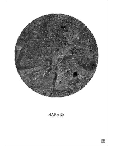 Harare Satellite View Poster 6km B&W | Gravura – Light background