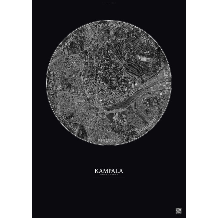 Affiche Kampala – Poster vue satellite 2.5km N&B | Gravura – Fond foncé