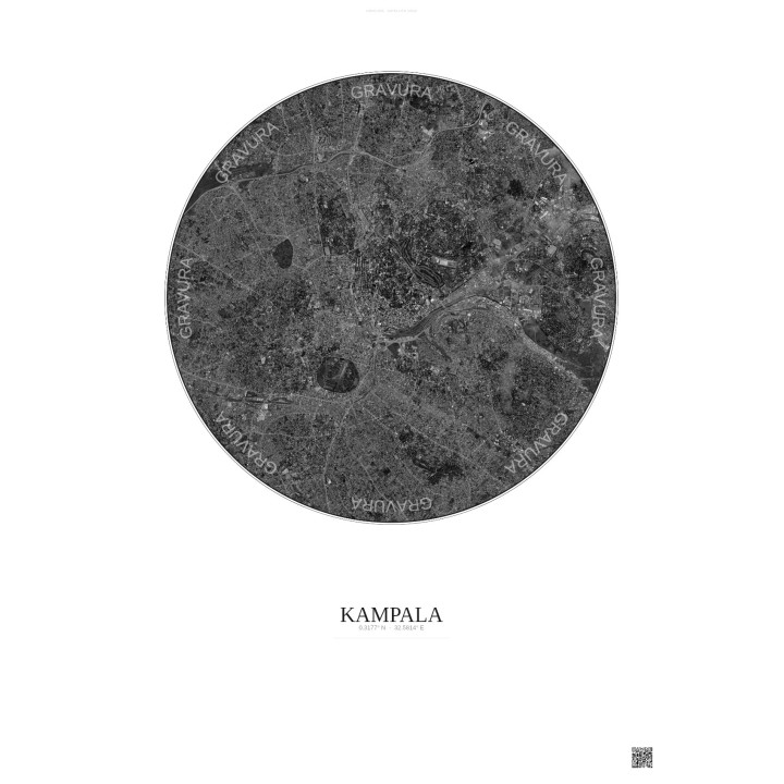 Affiche Kampala – Poster vue satellite 6km N&B | Gravura – Fond clair