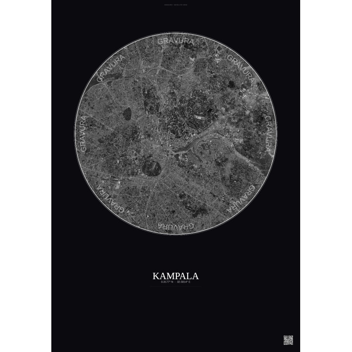 Affiche Kampala – Poster vue satellite 6km N&B | Gravura – Fond foncé