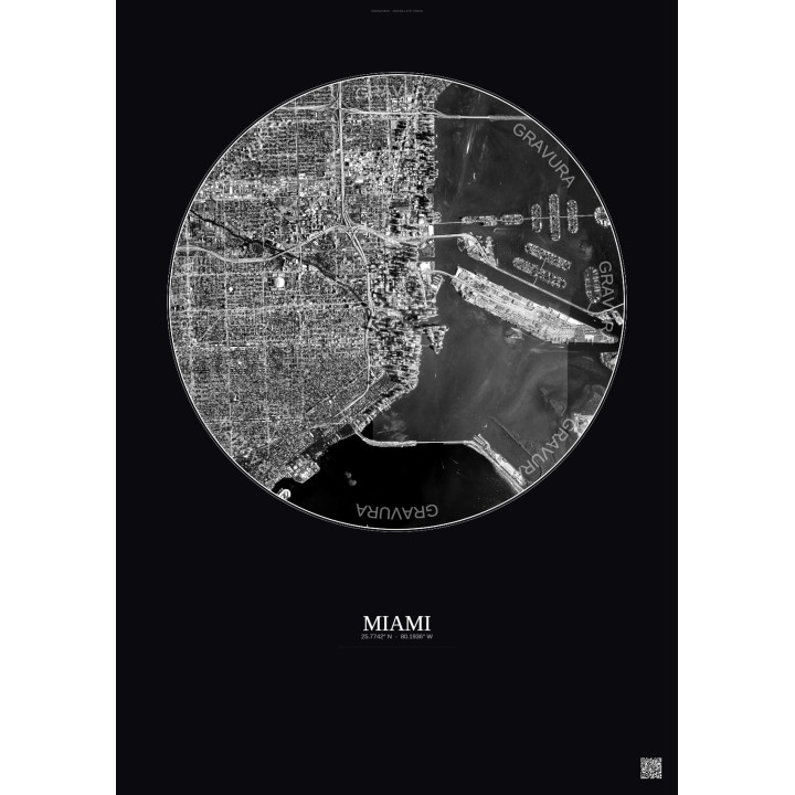 Miami Satellite View Poster 5km B&W | Gravura – Dark background