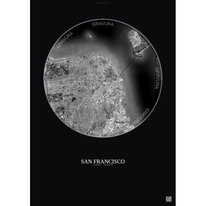 San Francisco Satellite View Poster 6km B&W | Gravura – Dark background