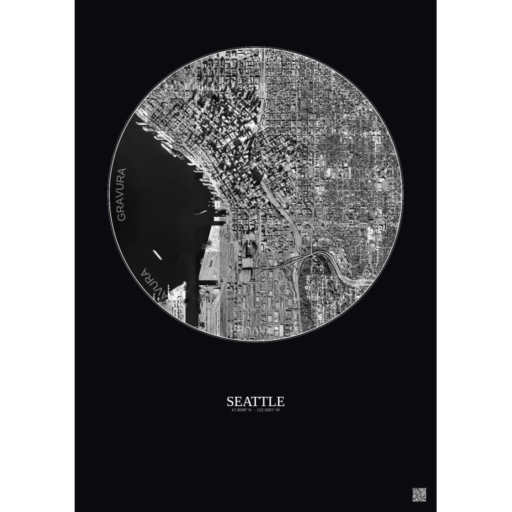 Seattle Satellite View Poster 2.5km B&W | Gravura – Dark background