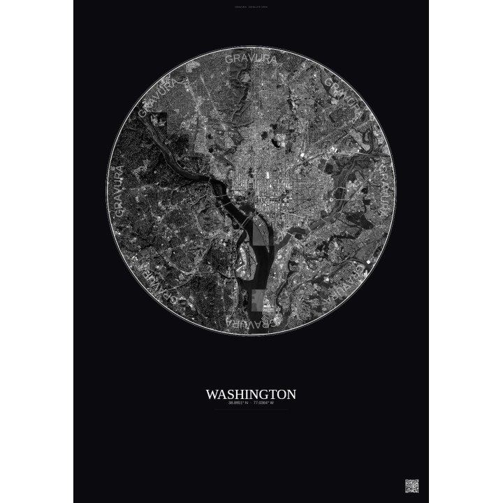 Affiche Washington – Poster vue satellite 10km N&B | Gravura – Fond foncé