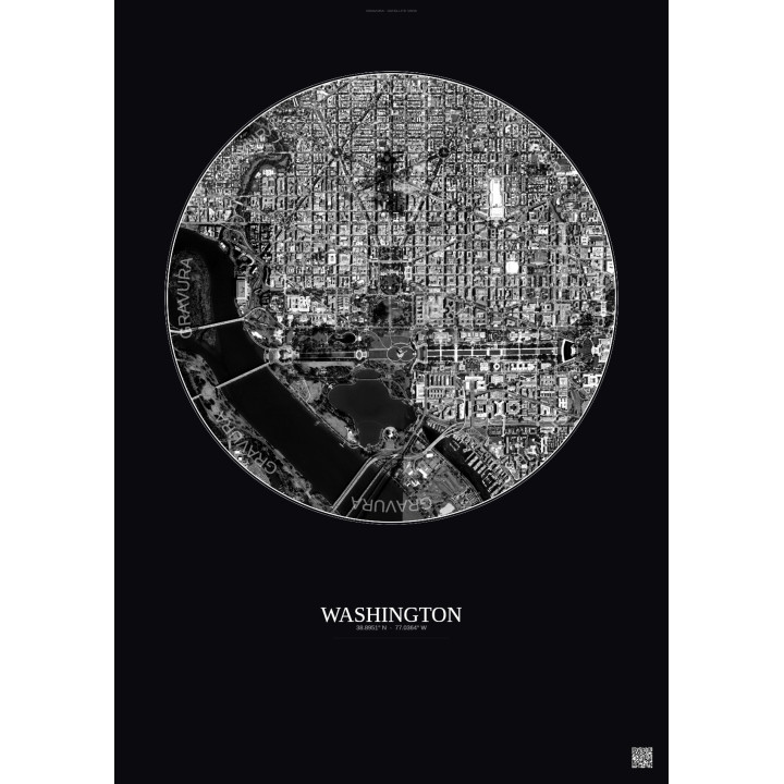 Affiche Washington – Poster vue satellite 2.5km N&B | Gravura – Fond foncé