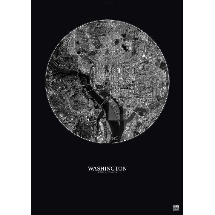 Affiche Washington – Poster vue satellite 6km N&B | Gravura – Fond foncé