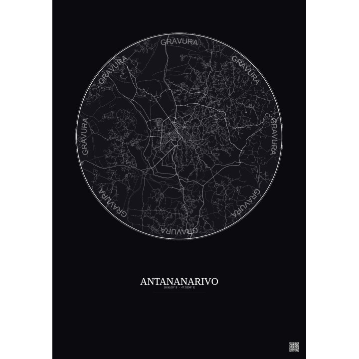 Affiche Antananarivo – Poster carte de ville 10km | Gravura – Fond foncé