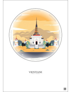 Affiche Vientiane – Poster illustration vintage – Wat Si Muang | Gravura – Fond clair 2